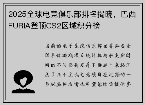 2025全球电竞俱乐部排名揭晓，巴西FURIA登顶CS2区域积分榜
