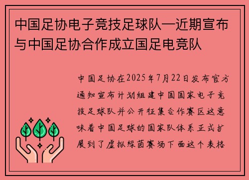 中国足协电子竞技足球队—近期宣布与中国足协合作成立国足电竞队