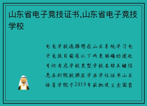 山东省电子竞技证书,山东省电子竞技学校